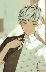 1boy aegyo_sal against_wall baxter_ward black_hair collared_shirt eye_print hand_on_own_chest jewelry looking_at_viewer male_focus multicolored_hair multicolored_shirt multiple_rings orange_eyes our_life:_beginnings_and_always ring ryuuieu shirt smile solo streaked_hair upper_body white_hair window window_light