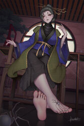 Rule 34 | 1girl, barefoot, black hair, black myth: wukong, bug, chinese clothes, feet, fourth sister (black myth: wukong), highres, long hair, looking at viewer, makeup, runny makeup, soles, spider, toes, xiumu bianzhou