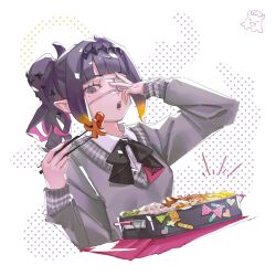 1girl bento black_hairband black_ribbon blunt_bangs caimu6 chopsticks chuunibyou collared_shirt colored_inner_hair cropped_torso diamond_hairband dutch_angle eyepatch food grey_eyes grey_sweater hairband hand_over_eye handkerchief highres holding holding_chopsticks hololive hololive_english invisible_table long_sleeves looking_at_viewer medical_eyepatch medium_hair mole mole_under_eye multicolored_hair neck_ribbon ninomae_ina&#039;nis ninomae_ina&#039;nis_(school_uniform) notice_lines open_mouth orange_hair polka_dot polka_dot_background purple_hair ribbon sausage shirt side_ponytail solo sushi sweater takodachi_(ninomae_ina&#039;nis) teeth tentacle_hair upper_teeth_only v-neck virtual_youtuber white_background white_shirt