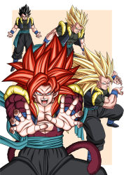 absurdres bare_pectorals biceps black_pants dbkenkyuusei dragon_ball dragon_ball_heroes earrings fusion fusion_dance gogeta gogeta_(xeno) highres incoming_attack jewelry kamehameha_(dragon_ball) male_focus monkey_boy monkey_tail no_nipples pants pectorals potara_earrings powering_up red_fur red_hair spiked_hair super_saiyan super_saiyan_1 super_saiyan_3 super_saiyan_4 tail