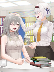 2girls absurdres alternate_costume alternate_hair_length alternate_hairstyle anoreika_tomoe bare_shoulders black_bow black_hairband black_skirt book book_stack bow closed_eyes collared_shirt commentary commission cup firefly_(honkai:_star_rail) gradient_hair green_hair grey_hair hair_between_eyes hair_bow hairband headpat highres holding holding_tray honkai:_star_rail honkai_(series) indoors light_blush long_hair long_sleeves multicolored_hair multiple_girls necktie office office_lady open_mouth ribbed_shirt shirt short_hair skirt sleeveless sleeveless_shirt smile stelle_(honkai:_star_rail) teeth trailblazer_(honkai:_star_rail) tray upper_teeth_only vgen_commission white_hair white_shirt yellow_necktie