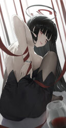 1girl absurdres alternate_costume bare_back black_dress black_hair black_halo black_pantyhose blue_archive bracelet breasts commentary_request cup damcheong dress drinking_glass from_behind halo highres jewelry large_breasts long_hair looking_at_viewer looking_back pantyhose pantylines red_eyes red_ribbon ribbon rio_(blue_archive) sideboob solo very_long_hair