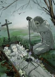 2boys absurdres aotsuki_eito arms_up black_gloves breast_pocket closed_eyes coffin commentary corpse cross diqiubaozhawoshuijue dual_persona facing_another flower glasses gloves grave grey_hair highres holding holding_flower jacket male_focus multiple_boys outdoors pocket seiza short_hair shovel sitting spoilers sunglasses symbol-only_commentary the_hundred_line_-last_defense_academy- white_jacket
