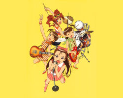 4girls absurdres annindoufu_(oicon) brown_hair closed_eyes dress drum drum_set drumsticks electric_guitar futami_ami futami_mami guitar highres idolmaster idolmaster_(classic) instrument long_hair microphone minase_iori multiple_girls music one_eye_closed open_mouth short_hair smile takatsuki_yayoi tambourine twintails yellow_background