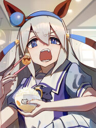 1girl absurdres blue_eyes bowl carrot cat chopsticks commentary_request ear_covers food grey_hair hairband highres holding holding_chopsticks holding_with_chopsticks horse_girl long_hair no_uwazumi open_mouth puffy_short_sleeves puffy_sleeves purple_shirt rice rice_bowl sailor_collar school_uniform shirt short_sleeves skirt solo summer_uniform takoyaki tamamo_cross_(umamusume) teeth tracen_school_uniform umamusume upper_body white_sailor_collar white_skirt