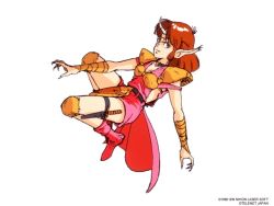 1990s_(style) 1girl cham fang female_focus game horns long_pointy_ears looking_at_viewer nec official_art pc_engine pointy_ears retro_artstyle simple_background single_horn solo telenet_japan valis valis_iii whip white_background