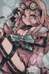 arm_belt bad_id bad_twitter_id badge barbed_wire belt black-framed_eyewear black_belt black_choker black_gloves blonde_hair blue_background blue_bow blue_bowtie blue_eyes blush bow bowtie breasts chest_belt choker cleavage closed_mouth commentary_request danganronpa_(series) danganronpa_v3:_killing_harmony eyelashes fingernails frown gloves goggles goggles_on_head hair_between_eyes hand_in_own_hair highres iruma_miu kara_aren large_breasts lightning_bolt_symbol lips long_hair long_sleeves looking_at_viewer miniskirt multiple_belts nail_polish o-ring o-ring_belt pink_lips pink_nails pink_serafuku pink_shirt pink_skirt pleated_skirt rabbit romaji_commentary round_eyewear sailor_collar school_uniform serafuku shirt sidelocks sitting skirt skirt_set studded_gloves tearing_up thigh_belt thigh_strap white_sailor_collar white_sleeve_cuffs