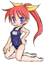 1girl barefoot blue_eyes blue_one-piece_swimsuit blue_school_swimsuit blush breasts collarbone hair_ribbon hana_(pangya) hand_on_own_hip kneeling long_hair looking_at_viewer marinba name_tag one-piece_swimsuit one_eye_closed pangya ponytail red_hair ribbon school_uniform small_breasts smile swimsuit white_background yellow_ribbon