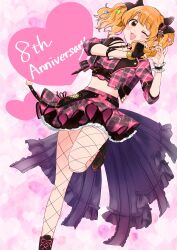 1girl :3 absurdres anniversary arm_belt black_boots black_bow black_gloves blush boots bow cropped_jacket english_text fingerless_gloves fingernails fishnet_pantyhose fishnets foot_out_of_frame four-finger_heart_hands glint gloves hair_bow hair_ornament heart heart_background heart_hands highres hogehogemoji06 idolmaster idolmaster_cinderella_girls jacket lace-up_boots leg_up legs looking_at_viewer midriff moroboshi_kirari multicolored_nails nail_polish one_eye_closed open_clothes open_jacket open_mouth orange_hair pantyhose pink_jacket pink_skirt plaid_clothes plaid_jacket plaid_skirt single_fingerless_glove single_glove skirt smile solo standing standing_on_one_leg star_(symbol) star_hair_ornament twintails