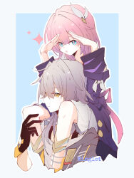 2girls absurdres artist_name black_gloves blue_background blue_eyes border carrying chinese_commentary coat commentary_request cyrene_(honkai:_star_rail) gloves grey_coat grey_hair hair_ornament highres honkai:_star_rail honkai_(series) medium_hair multicolored_hair multiple_girls nitianxiaoyi piggyback pink_hair purple_coat stelle_(honkai:_star_rail) trailblazer_(honkai:_star_rail) two-tone_hair white_border white_hair yellow_eyes