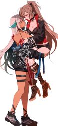 2girls amazuki_jou aqua_hair asymmetrical_footwear azur_lane black_shoes black_shorts body_markings boots breasts brown_boots brown_hair carrying carrying_person cleavage collarbone colored_inner_hair dark-skinned_female dark_skin earrings gloves grey_hair hair_ribbon high_heel_boots high_heels highres jean_bart_(azur_lane) jewelry lace-up_boots long_hair long_sleeves looking_at_another massachusetts_(azur_lane) multicolored_hair multiple_girls off_shoulder ponytail red_eyes red_gloves ribbon shoes short_shorts shorts thigh_strap white_background yuri