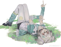 1girl absurdres aqua_shirt arm_up arm_warmers black_choker black_shoes choker commentary full_body glasses grass hand_up highres index_fingers_raised knees_up leg_tattoo leg_warmers looking_at_viewer lying on_back on_grass original shirt shoes short_hair shu_kunkuokuozi solo symbol-only_commentary tattoo two_side_up upside-down white_background