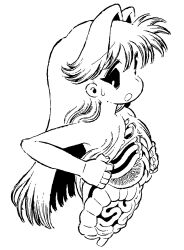 15ooo 1girl :o bags_under_eyes completely_nude fingernails guro hair_intakes highres intestines long_hair nude original ribs solo sweatdrop