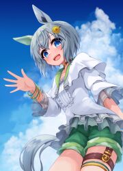 1girl absurdres animal_ears blue_eyes blue_hair blush choker cloud collarbone commentary_request cowboy_shot dress flower frilled_dress frilled_sleeves frills green_shorts hair_flower hair_ornament highres horse_ears horse_girl horse_tail leaf lexis_yayoi long_sleeves medium_hair messy_hair open_mouth outdoors seiun_sky_(umamusume) shorts sidelocks sky smile solo standing tail thighs umamusume waving