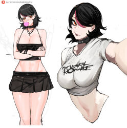 1girl abs absurdres arms_under_breasts band_shirt black_camisole black_collar black_hair black_skirt blowing_bubbles bracelet breasts camisole chewing_gum cleavage collar cropped_shirt cross cross_necklace hair_behind_ear hair_over_one_eye highres jewelry large_breasts looking_at_viewer merchandise miniskirt multicolored_hair multiple_bracelets multiple_views my_chemical_romance necklace nero_watch patreon_username persona persona_3 pink_hair red_eyes red_lips selfie shirt short_hair short_sleeves simple_background skirt spiked_collar spikes streaked_hair takeba_yukari thighs white_background white_shirt