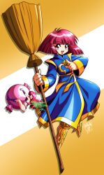 1990s_(style) 2girls blue_robe blunt_bangs bob_cut boots broom cotton_(character) cotton_(game) danmakuman fairy fairy_wings full_body highres holding holding_broom long_hair long_sleeves looking_at_viewer multiple_girls open_mouth pointing pointing_at_viewer red_eyes red_hair retro_artstyle robe short_hair signature silk_(cotton) simple_background size_difference smile wings yellow_boots