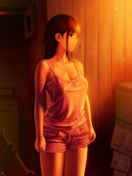 1girl a.x. absurdres bare_arms blurry breasts brown_eyes brown_hair camisole chair cleavage collarbone commentary_request depth_of_field highres hot indoors long_hair looking_at_viewer original pink_shorts short_shorts shorts sidelocks sideways_glance small_breasts solo standing sweat white_camisole