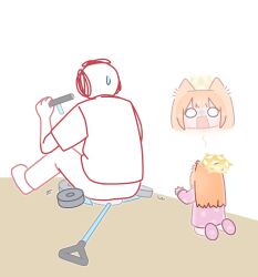 1boy 1girl absurdres animal_ears blue_archive blunt_bangs chibi doodle_sensei_(blue_archive) from_behind halo highres horuhara kneeling long_hair long_sleeves mari_(blue_archive) multiple_views no_nose o_o open_mouth orange_hair pajamas pants paw_print pink_pajamas pink_slippers polka_dot polka_dot_pajamas sensei_(blue_archive) shirt sitting slippers sweatdrop yellow_halo