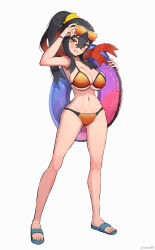 1girl absurdres bare_shoulders bikini black_bikini black_hair blush bracelet breasts carmine_(pokemon) cleavage colored_inner_hair crossed_bangs eyewear_on_head gonzarez hair_between_eyes hairband highres holding holding_swim_ring innertube jewelry large_breasts legs long_hair looking_at_viewer mole mole_under_eye multicolored_hair navel nintendo open_mouth orange-tinted_eyewear orange_bikini pokemon pokemon_sv red_hair smile stomach sunglasses swim_ring swimsuit tinted_eyewear two-tone_hair yellow_eyes yellow_hairband