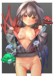 1girl adapted_costume asymmetrical_wings bikini black_hair black_hoodie blue_wings blush bubble cameltoe closed_mouth commentary_request covered_erect_nipples cowboy_shot grey_background hood hood_up hoodie houjuu_nue long_sleeves looking_at_viewer micro_bikini open_clothes open_hoodie pointy_ears red_eyes red_wings short_hair sleeveless solo swimsuit tomoe_(symbol) touhou two-tone_background ufo wet_bikini white_background white_bikini wings yawdeone zipper