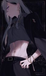 belt black_hair colored_inner_hair earrings from_side grey_hair grey_shirt hands_on_own_hips highres higuchi_kaede higuchi_kaede_(16th_costume) jacket jacket_on_shoulders jewelry long_hair long_sleeves midriff multicolored_hair navel necklace nijisanji official_alternate_costume purple_eyes shirt virtual_youtuber yuki_hare1130
