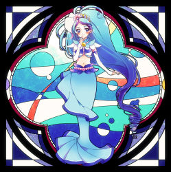 1girl abstract_background absurdres arm_warmers blue_eyes blue_hair blue_skirt blush brooch closed_mouth crop_top cure_mermaid cure_mermaid_(mode_elegant) curly_hair full_body go!_princess_precure highres jewelry kaidou_minami kuzumochi long_dress long_hair long_skirt looking_at_viewer magical_girl mermaid_dress midriff multicolored_hair navel precure purple_hair skirt smile solo standing streaked_hair thighs two-tone_hair white_sleeves