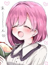 1girl :d blush bob_cut closed_eyes crepe food frilled_shirt_collar frills hair_between_eyes hair_intakes hanazono_hakari heart holding holding_crepe holding_food kimi_no_koto_ga_dai_dai_dai_dai_daisuki_na_100-nin_no_kanojo open_mouth pajamas parted_bangs pink_hair portrait short_hair simple_background smile solo white_background white_pajamas yumenobetsu