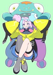 bellibolt boots bow-shaped_hair character_hair_ornament fake_hair_bun grey_boots grey_pantyhose hair_ornament hexagon_print iono_(pokemon) jacket multicolored_hair oversized_clothes pantyhose pokemon pokemon_sv sharp_teeth single_leg_pantyhose sleeves_past_fingers sleeves_past_wrists split-color_hair takafumi_696 teeth two-tone_hair very_long_sleeves x yellow_jacket