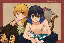 Rule 34 | 2boys, agatsuma zenitsu, animal ears, bad id, bad pixiv id, steamed bun, black legwear, black pants, blonde hair, boar mask, crying, crying with eyes open, dango (uni 520), eating, food, hashibira inosuke, kimetsu no yaiba, male focus, mask, unworn mask, momotarou, monkey ears, monkey tail, multiple boys, muscular, pants, scarf, topless male, socks, tail, tears, triangle print, twitter username, two-tone background, yellow eyes