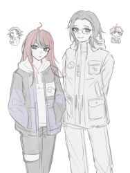 2girls aotsuki_eito arms_behind_back black_hair black_pants blue_eyes eyelashes female_focus genderswap genderswap_(mtf) glasses grey_hair grin hands_in_pockets long_hair looking_at_viewer multicolored_hair multiple_girls open_mouth pants parted_hair red_hair simple_background smile standing streaked_hair sumino_takumi the_hundred_line_-last_defense_academy- white_background white_pants