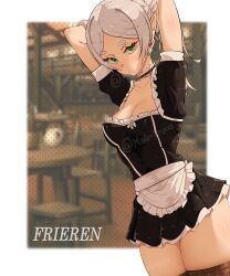 1girl absurdres alternate_costume apron arms_up black_dress black_thighhighs breasts character_name choker cleavage dress elf enmaided frieren frilled_choker frills green_eyes grey_hair highres maid medium_breasts pointy_ears short_dress solo sousou_no_frieren srlmao thighhighs waist_apron white_apron