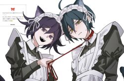 2boys ahoge alternate_costume animal_ear_fluff animal_ears apron bishounen black_hair blush buttons cat_boy cat_ears cat_tail collared_dress crossdressing danganronpa_(series) danganronpa_v3:_killing_harmony dress enmaided eyelashes flipped_hair hair_between_eyes highres holding holding_leash juliet_sleeves leash leash_pull long_sleeves looking_at_viewer maid maid_apron maid_headdress male_focus medium_hair mnil_xx multiple_boys oma_kokichi open_mouth puffy_sleeves purple_eyes purple_hair saihara_shuichi short_hair simple_background smile sweatdrop tail teeth translation_request upper_body white_background yellow_eyes