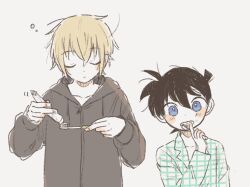 Rule 34 | 2boys, amuro tooru, black hair, black hoodie, blonde hair, blush stickers, brushing teeth, closed eyes, collarbone, grey background, highres, holding, holding toothbrush, hood, hood down, hoodie, kudou shin&#039;ichi, meitantei conan, messy hair, morning, multiple boys, plaid clothes, plaid shirt, shirt, side127, toothbrush, toothpaste, upper body
