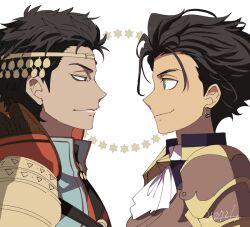 2boys armor ascot blue_tunic brown_armor brown_hair circlet claude_von_riegan dark_skin earrings fire_emblem fire_emblem:_three_houses fire_emblem_warriors:_three_hopes green_eyes jewelry l_(matador) multiple_boys nintendo official_alternate_costume official_alternate_hairstyle shahid_(fire_emblem) shoulder_armor tunic