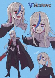 1girl age_progression blue_background blue_hair character_name full_body hair_between_eyes heterochromia highres holding holding_sword holding_weapon japanese_text laughing looking_at_viewer moyuchocolats multicolored_hair multiple_views open_mouth pink_eyes red_eyes simple_background smile standing sword teeth the_hundred_line_-last_defense_academy- v&#039;ehxness weapon white_hair