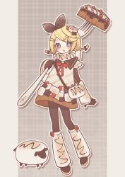 1girl :o absurdres alternate_costume black_footwear black_gloves black_leggings black_sleeves blonde_hair blue_eyes blush bow braid brown_bow chocolate detached_sleeves dress eob food fork fruit full_body gloves hair_bow hair_ornament hair_ribbon hairclip highres holding holding_fork kagamine_rin leg_warmers leggings looking_at_viewer marshmallow medium_hair open_mouth red_bow ribbon sheep short_braid simple_background solo standing strawberry twin_braids vocaloid white_arm_warmers white_background white_dress white_leg_warmers yellow_pupils