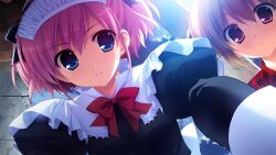 2girls back_bow black_dress black_ribbon blue_eyes bow bowtie breasts brown_hair capelet closed_mouth dress dutch_angle frilled_ribbon frills fumio_(ura_fmo) game_cg grisaia_(series) grisaia_no_rakuen hair_ribbon irisu_makina juliet_sleeves komine_sachi long_sleeves looking_at_viewer maid maid_headdress medium_breasts multiple_girls non-web_source official_art pink_hair plaid_clothes plaid_shirt puffy_sleeves red_bow red_bowtie red_eyes red_shirt ribbon shirt short_hair small_sweatdrop smile two_side_up upper_body variant_set white_bow white_capelet