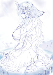 Rule 34 | 1girl, aged up, alternate breast size, arknights, ass, bare shoulders, breasts, butt crack, candle, chain, curvy, greyscale, highmore (arknights), highres, holding, holding chain, large breasts, long ears, long hair, looking over shoulder, monochrome, partially submerged, pointy ears, seashell, see-through clothes, see-through skirt, shell, sketch, skirt, veil, wading, wavy hair