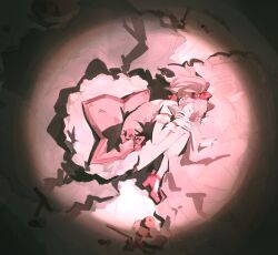 Rule 34 | 1girl, closed eyes, dress, full body, gloves, hair ribbon, high heels, highres, kaname madoka, kaname madoka (magical girl), lying, mahou shoujo madoka magica, pink hair, pink skirt, red ribbon, red shoes, ribbon, shoes, sijimao, skirt, solo, twintails, white dress, white gloves