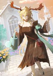 1girl absurdres animal_ears antlers arknights blonde_hair breasts brown_choker brown_dress building calvaires choker church cleavage closed_mouth collarbone commentary day dress feet_out_of_frame flower frilled_dress frilled_sleeves frills hair_between_eyes hand_up highres holding holding_watering_can horns large_breasts light_smile long_hair long_sleeves off_shoulder outdoors pink_flower purple_eyes purple_flower solo standing symbol-only_commentary viviana_(arknights) watering_can yellow_flower