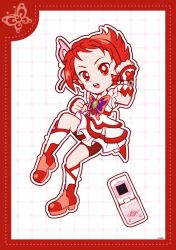 Rule 34 | 1girl, animal print, back bow, boots, border, bow, bowtie, butterfly earrings, butterfly hair ornament, butterfly print, cellphone, cure rouge, deformed, determined, dot nose, dotted line, earrings, flip phone, flower, frilled skirt, frilled sleeves, frills, full body, green brooch, grid background, hair ornament, high heel boots, high heels, highres, invisible chair, jewelry, knee up, kneehighs, magical girl, miniskirt, natsuki rin, open mouth, outline, phone, pleated skirt, precure, purple bow, purple bowtie, red boots, red border, red bow, red eyes, red hair, red shorts, rose, shirt, short hair, short sleeves, shorts, shorts under skirt, sitting, skirt, skirt set, socks, solo, teeth, tsurime, two-tone bow, upper teeth only, uwded 207, watch, white arm warmers, white background, white bow, white outline, white shirt, white skirt, white socks, wristwatch, yes! precure 5