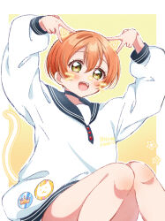 1girl arms_up badge black_sailor_collar blush border button_badge character_name clothes_writing drawn_ears drawn_tail hair_between_eyes highres hoshizora_rin long_sleeves looking_at_viewer love_live! love_live!_school_idol_project open_mouth orange_hair osono_(osonokichi) outline outside_border sailor_collar shirt short_hair simple_background sitting smile solo star_(symbol) teeth upper_teeth_only white_border white_outline white_shirt yellow_background yellow_eyes