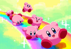 Rule 34 | :d, :o, ^ ^, arm up, arms up, aruco co, blue eyes, blush, blush stickers, closed eyes, closed mouth, commentary request, full body, green background, highres, jumping, kirby, kirby (series), nintendo, no humans, open mouth, rainbow, running, simple background, sliding, smile, sparkle, star (symbol), star in eye, symbol in eye, wide-eyed, yellow background