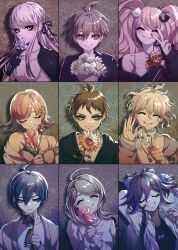 4girls 5boys ahoge akamatsu_kaede bear_hair_ornament black_hair blonde_hair blush bouquet brown_hair cardigan closed_eyes collared_shirt commentary daisy danganronpa:_trigger_happy_havoc danganronpa_(series) danganronpa_2:_goodbye_despair danganronpa_v3:_killing_harmony enoshima_junko eyelashes flipped_hair floral_background flower fortissimo galaga grey_hair grin hair_between_eyes hair_ornament highres hinata_hajime holding holding_bouquet holding_flower hydrangea jacket kirigiri_kyoko komaeda_nagito long_hair long_sleeves looking_at_viewer male_focus medium_hair multiple_boys multiple_girls musical_note musical_note_hair_ornament naegi_makoto nail_polish nanami_chiaki nota_sayaka off_shoulder oma_kokichi pink_hair purple_eyes purple_hair red_nails saihara_shuichi shirt short_hair smile sunflower teeth tulip twintails upper_body v v_over_eye wavy_hair white_shirt