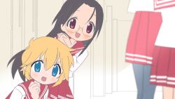 4girls black_hair blonde_hair blue_eyes blurry clenched_hand glasses highres iwasaki_minami kobayakawa_yutaka long_hair lucky_star multiple_girls neckerchief own_hands_clasped own_hands_together patricia_martin pink_neckerchief pleated_skirt purple_eyes red_sailor_collar red_skirt ryouou_school_uniform rytoua318 sailor_collar sailor_shirt school_uniform shirt short_hair sketch_background skirt smile sunlight tamura_hiyori thighhighs white_shirt