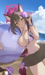 1girl absurdres animal_ear_fluff animal_ears ball beachball bikini blue_archive blue_sky blush breasts brown_hair brown_tail cleavage cloud cloudy_sky commentary_request day fingernails flower fox_ears fox_girl fox_tail hair_flower hair_ornament halo highres large_breasts long_hair looking_at_viewer nail_polish navel official_alternate_costume pink_flower purple_flower purple_nails red_halo sky solo swimsuit tail tail_flower tail_ornament thigh_strap thighs udonpan wakamo_(blue_archive) wakamo_(swimsuit)_(blue_archive) white_bikini