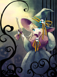 1girl blonde_hair blue_eyes capelet closed_mouth full_moon hat hat_ornament jack-o&#039;-lantern long_hair looking_at_viewer madou_monogatari merveilles moon night no_nose orange_ribbon puyopuyo ribbon skull_hat_ornament sleeves_past_fingers sleeves_past_wrists solo witch witch_(puyopuyo) witch_hat