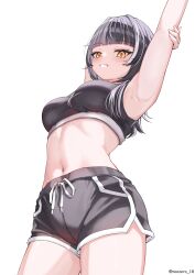 1girl alternate_costume armpits arms_up black_hair black_shorts black_sports_bra breasts dolphin_shorts grey_hair highres hololive hololive_english long_hair medium_breasts multicolored_hair navel noeee shiori_novella short_shorts shorts simple_background solo split-color_hair sports_bra two-tone_hair virtual_youtuber white_background yellow_eyes