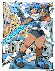 1girl 1other bare_arms bare_legs belt blue_boots blue_eyeliner blue_hair blue_lips blue_sword boots border breasts building cheek_poking cloud cloudy_sky cross dark-skinned_female dark_skin earrings eyeliner gloves grey_gloves grey_shorts holding holding_sword holding_weapon jewelry kafun lipstick looking_at_another looking_to_the_side makeup original outside_border pointy_ears poking santorini_(greece) scarf shirt short_hair short_shorts shorts sky sleeveless sleeveless_shirt spiked_hair standing sword thick_thighs thighs tight_clothes weapon white_belt white_border white_scarf