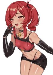1girl absurdres achi_antimony bell black_gloves collar cowboy_shot crop_top gloves highres jingle_bell lunarisbloom midriff open_mouth project_releum red_eyes red_hair short_shorts shorts smile smug tan twintails white_background